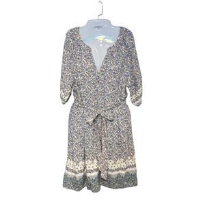 LOFT Purple Floral Print Linen Blend V-Neck Belted Elbow‎ Sleeve Dress Sz L